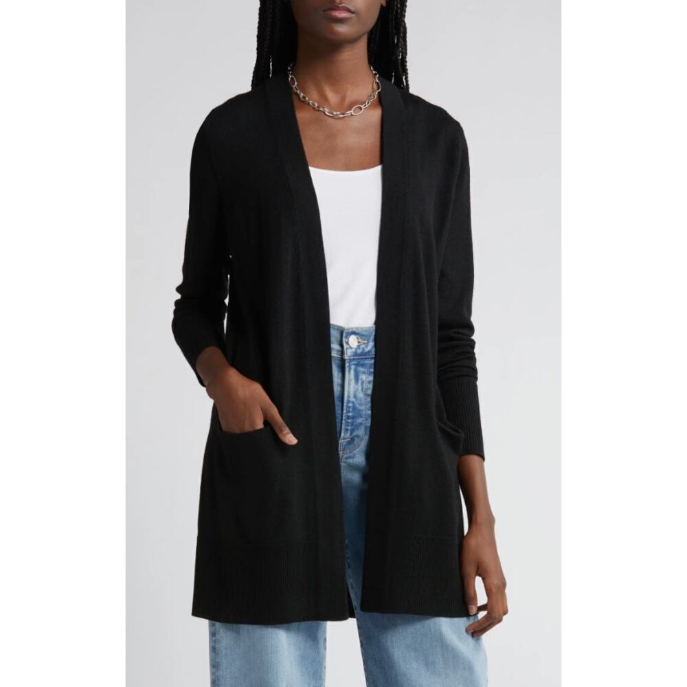Nordstrom Everyday Open Front Merino Wool Blend Cardigan Pockets Black Medium
